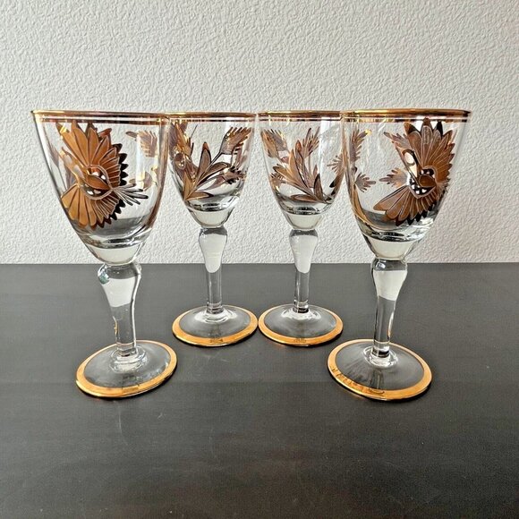 Cordial Sherry Wine Glasses Artesania Tabuisa Peru 14K Gold Magic Bird Set of 4 - Picture 1 of 6